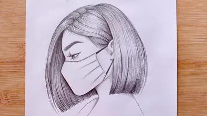 آموزش طراحی با مداد برای مبتدیان - دختر با مدل موی کوتاه و ماسک
