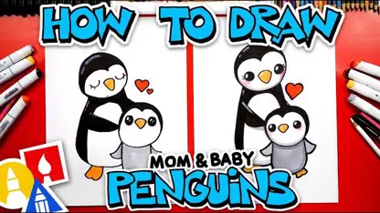 آموزش نقاشی به کودکان - پنگوئن مادر و بچه با رنگ آمیزی