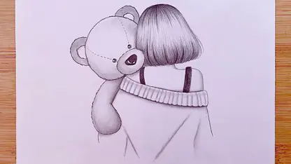 آموزش طراحی با مداد برای مبتدیان - دختری با یک خرس عروسکی