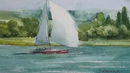 آموزش گام به گام و آسان نقاشی با آبرنگ - قایق در دریاچه