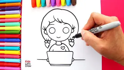 نقاشی کودکانه - دختر زیبا با لپ تاپ