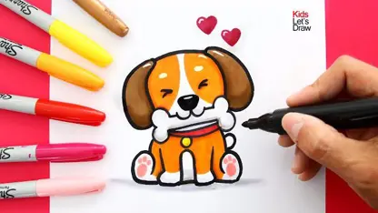 نقاشی به کودکان - توله سگ ناز با استخوان با رنگ آمیزی