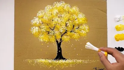 آموزش نقاشی درخت پاییزی روی کارتن مقوایی