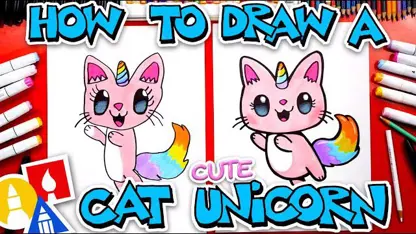 آموزش نقاشی به کودکان - تک شاخ گربه ناز با رنگ امیزی