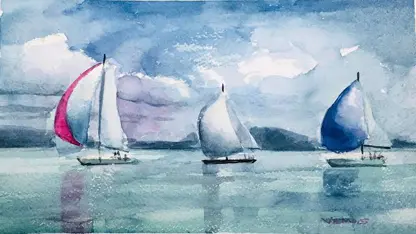 آموزش گام به گام و آسان نقاشی با آبرنگ - قایق های بادبانی